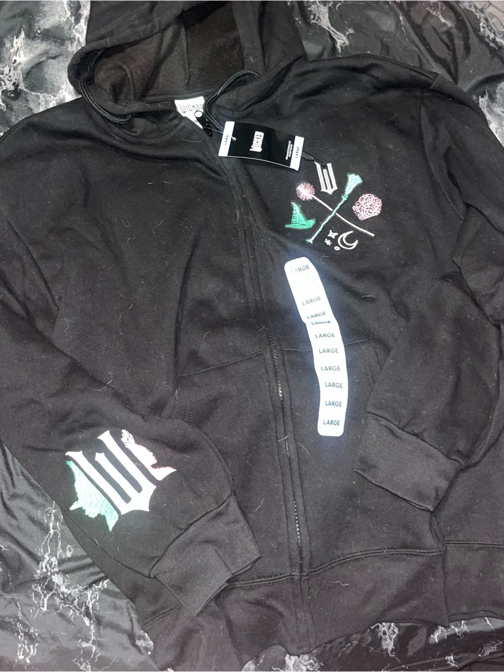 Wicked Black Graphic Zip-Up Hoodie Pastel Embroidered Accents size large NWT